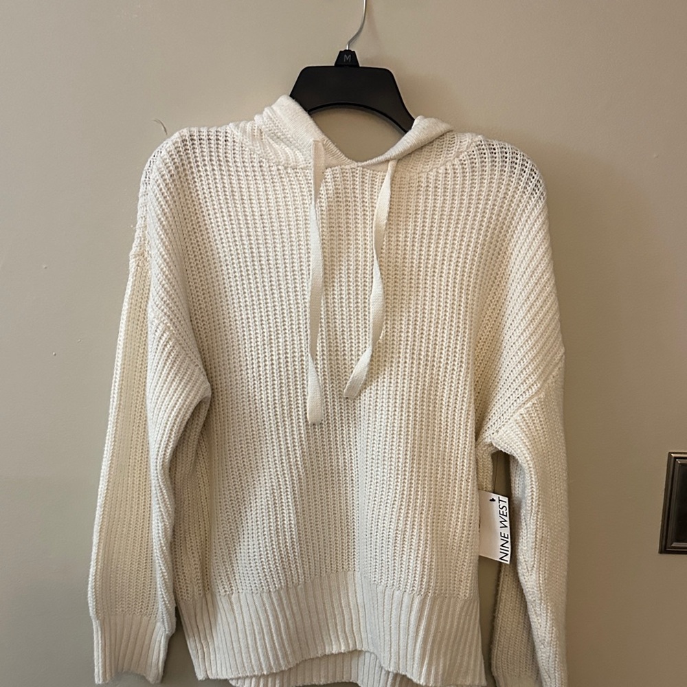 Nine West Cream Waffle Knit Hoodie Sweater